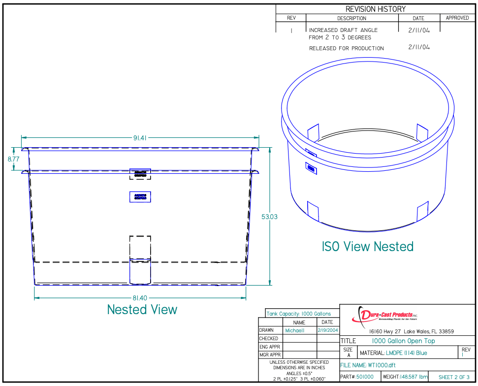 1000 Gallon Dura-Cast Plastic Round Open Top Tank (Part 501000-1.5)