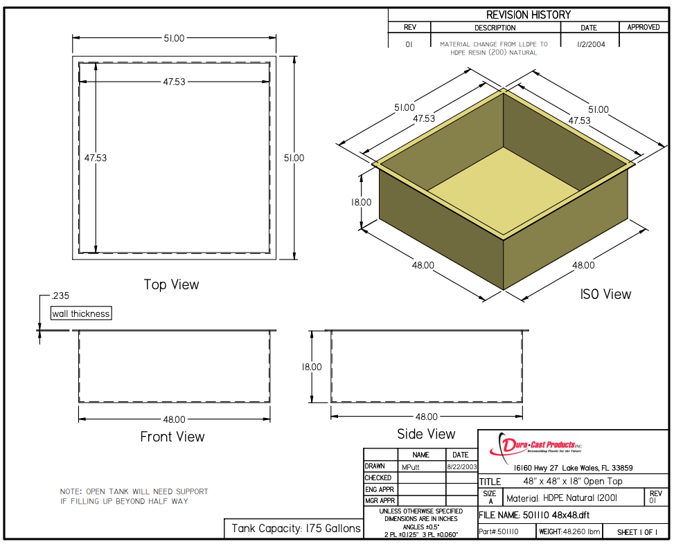 175 Gallon Dura-Cast Plastic Rectangular Open Top Tank (MPN:501110-1.2)