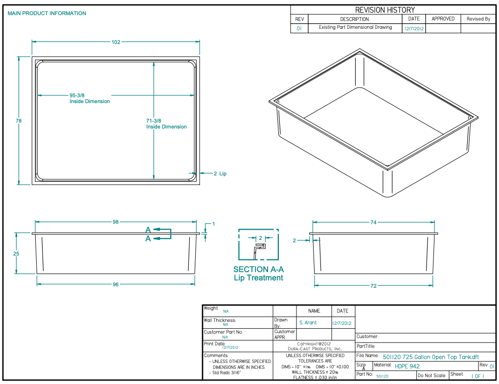 725 Gallon Dura-Cast Plastic Rectangular Open Top Tank (Part #501120-1.2)