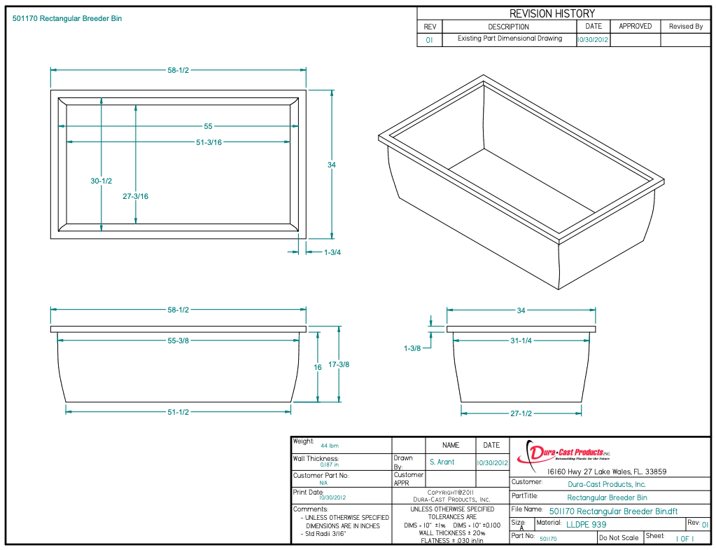 110 Gallon Dura-Cast Plastic Rectangular Open Top Tank (MPN:501170-1.2)