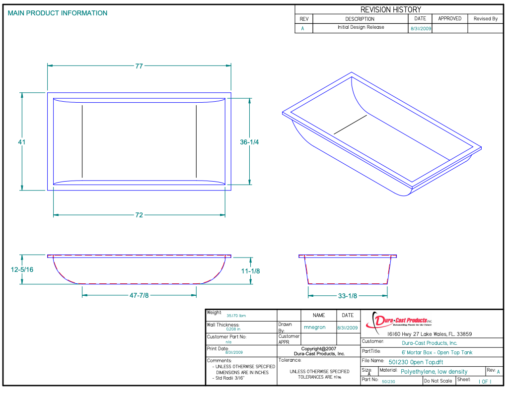 120 Gallon Dura-Cast Plastic Rectangular Open Top Tank (MPN:501230-1.2)