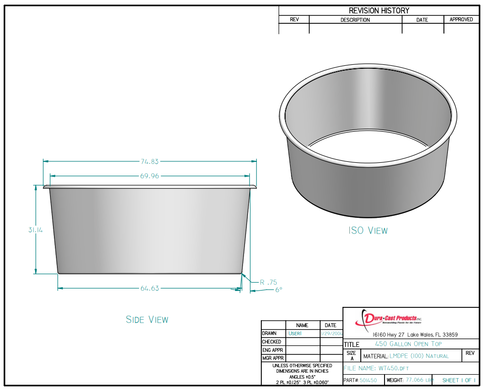 450 Gallon Dura-Cast Plastic Round Open Top Tank (MPN: 501450-1.5)