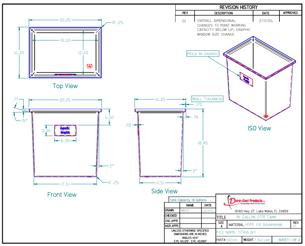 16 Gallon Dura-Cast Plastic Rectangular Open Top Tank (MPN:502016-1.2)