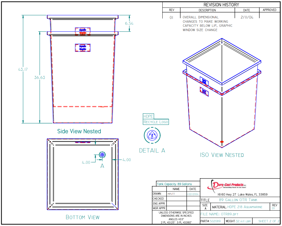 89 Gallon Dura-Cast Plastic Rectangular Open Top Tank (MPN:502089-1.2)