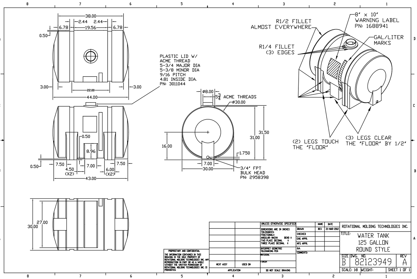 125 Gallon RomoTech Horizontal Leg Tank (MPN:82123949R)