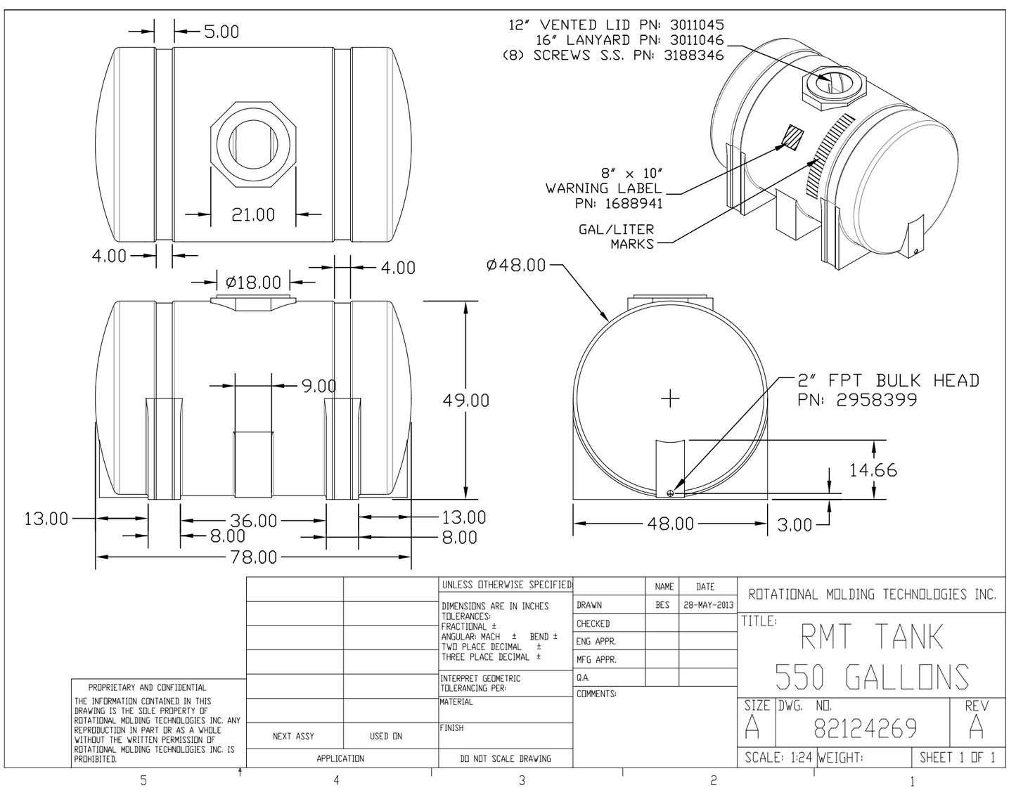 550 Gallon RomoTech Horizontal Leg Tank (MPN:82124269R)