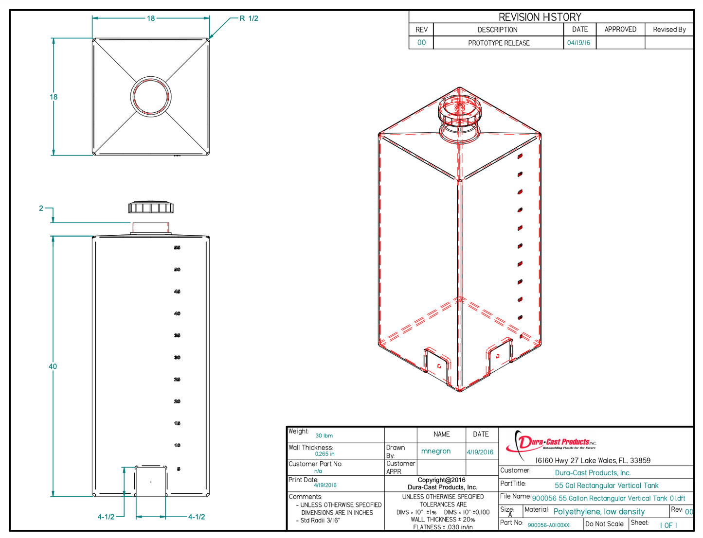 55 Gallon DURA-CAST Plastic Vertical Storage Tank (MPN:900056-1.9)