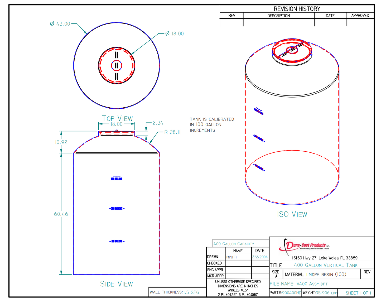 400 Gallon Dura-Cast Plastic Vertical Storage Tank (MPN:900400-1.5)