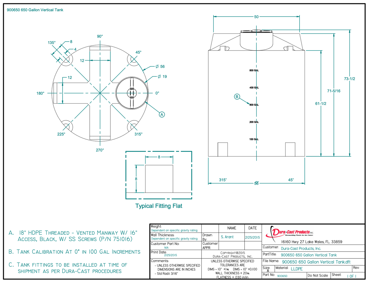 650 Gallon Dura-Cast Plastic Vertical Storage Tank (MPN: 900650-1.9)