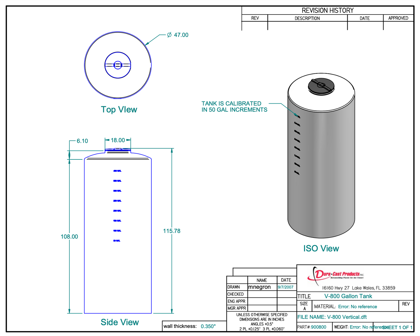 800 Gallon Dura-Cast Plastic Vertical Storage Tank (MPN: 900800-1.5)