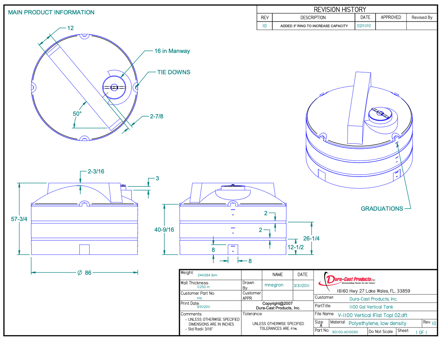 1100 Gallon Dura-Cast Plastic Vertical Storage Tank (MPN:901100-1.2)