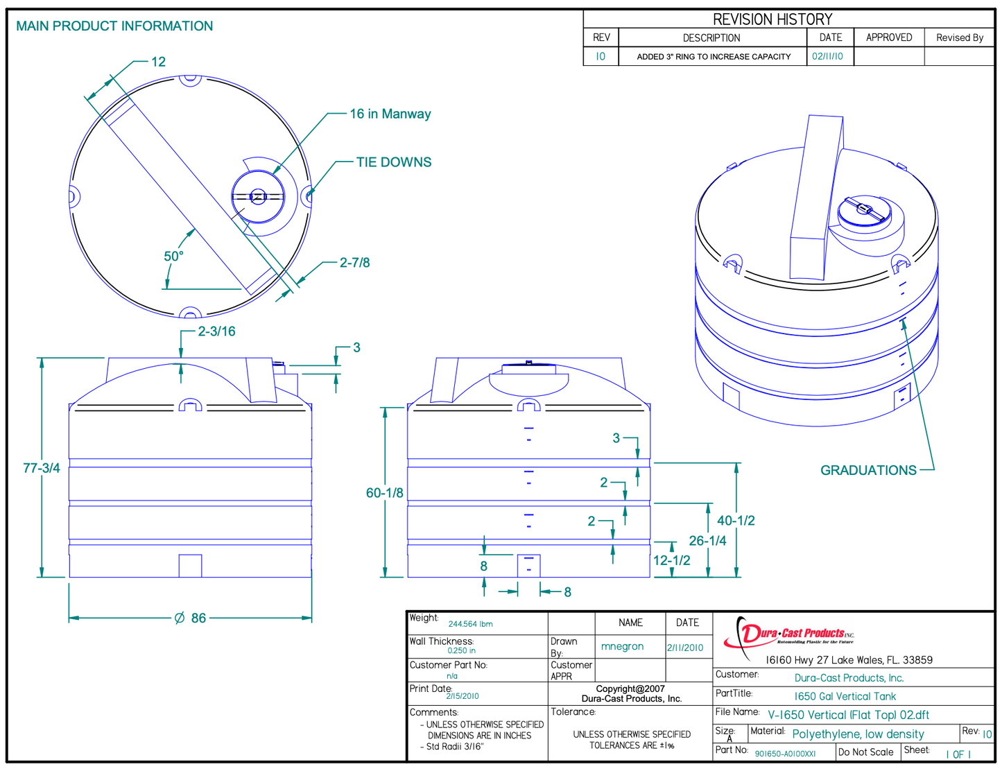 1650 Gallon Dura-Cast Plastic Vertical Storage Tank (MPN: 901650-1.9)