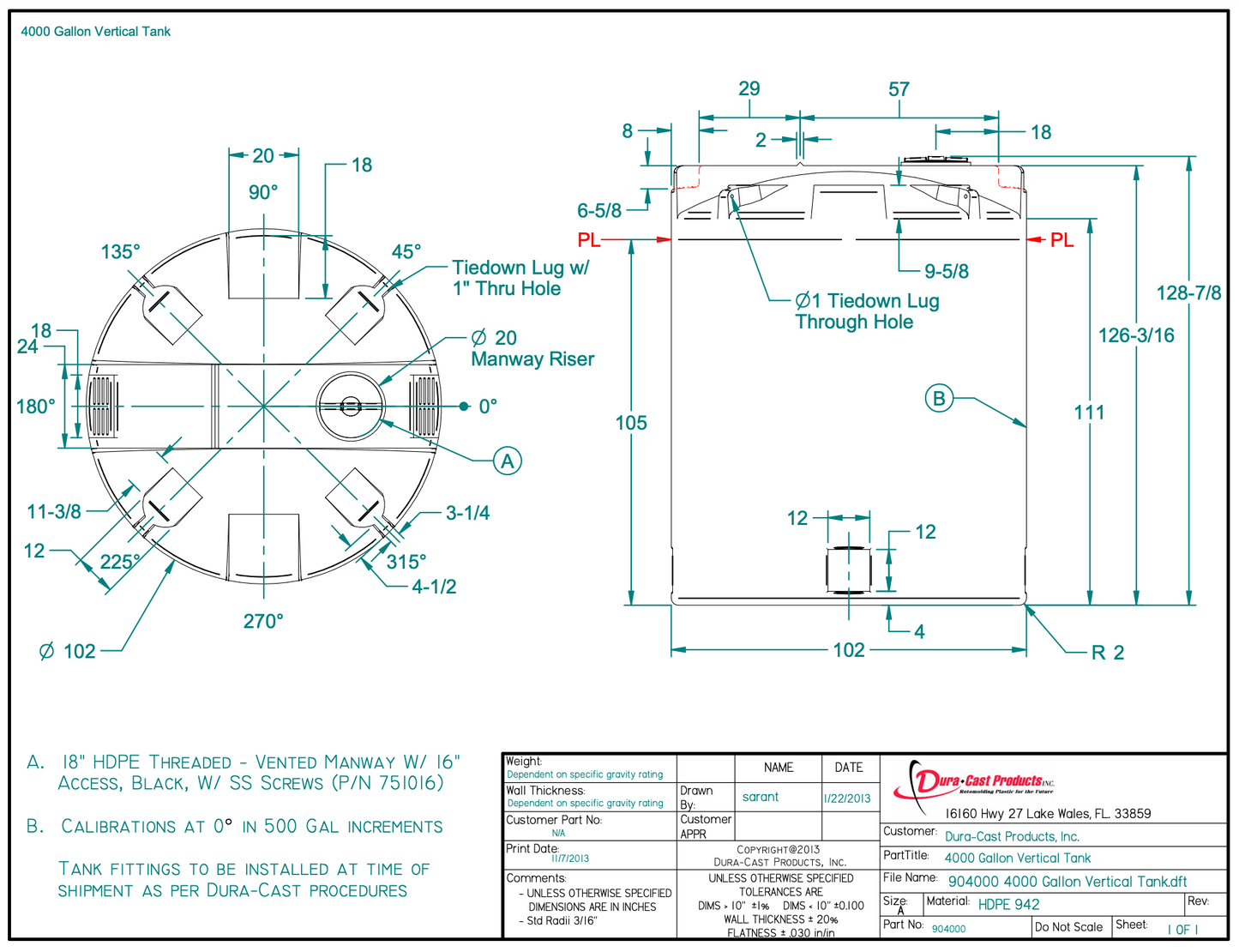 4000 Gallon Dura-Cast Plastic Vertical Storage Tank (MPN: 904000-1.2)