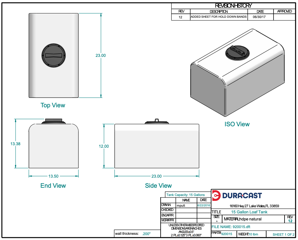 15 Gallon Dura-Cast Plastic Horizontal Loaf Tank (MPN:920015-1.2)