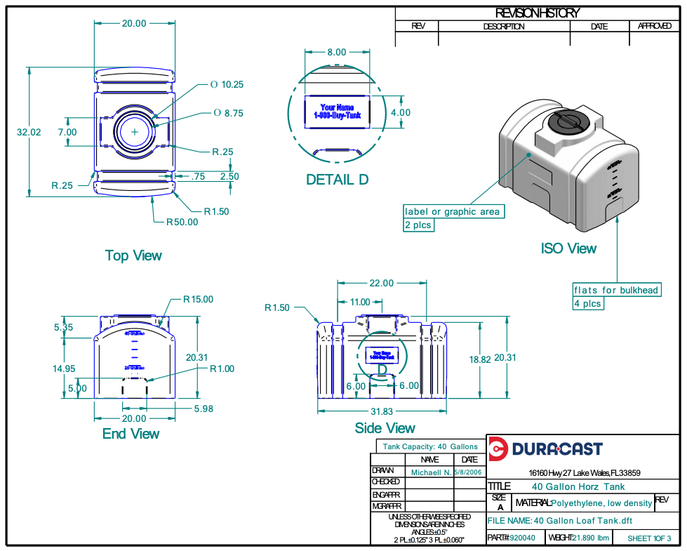 40 Gallon Dura-Cast Plastic Horizontal Loaf Tank (MPN:920040-1.2)