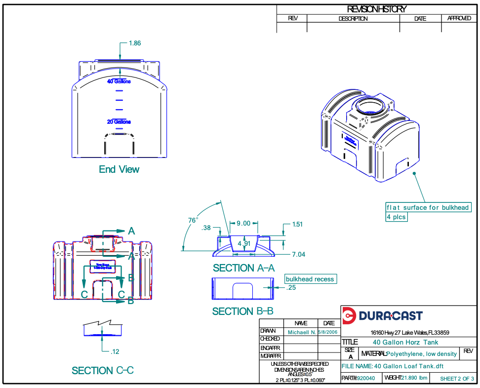 40 Gallon Dura-Cast Plastic Horizontal Loaf Tank (MPN:920040-1.2)