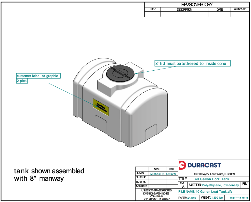 40 Gallon Dura-Cast Plastic Horizontal Loaf Tank (MPN:920040-1.2)