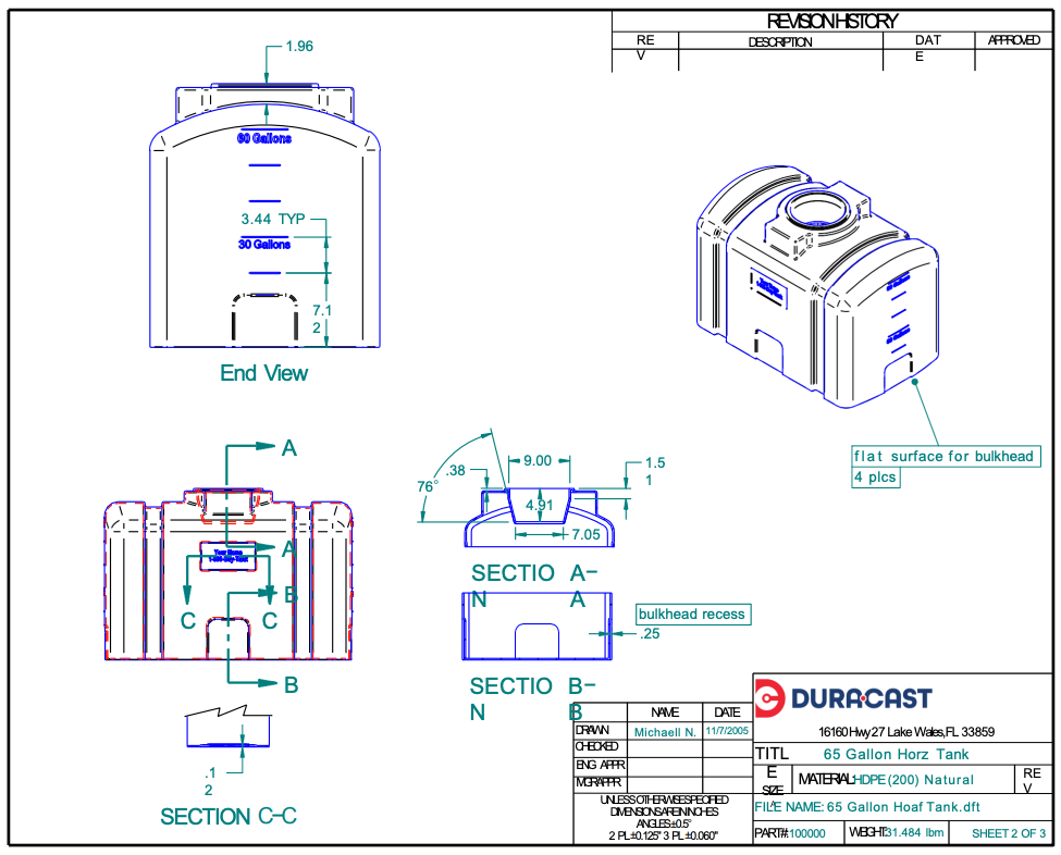 65 Gallon Dura-Cast Plastic Horizontal Loaf Tank (MPN:920065-1.2)