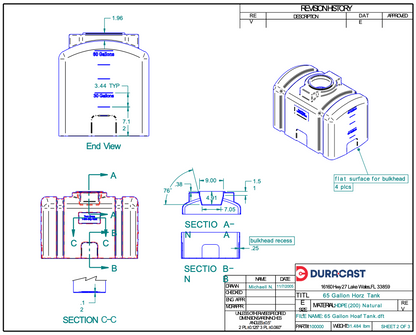 65 Gallon Dura-Cast Plastic Horizontal Loaf Tank (MPN:920065-1.2)