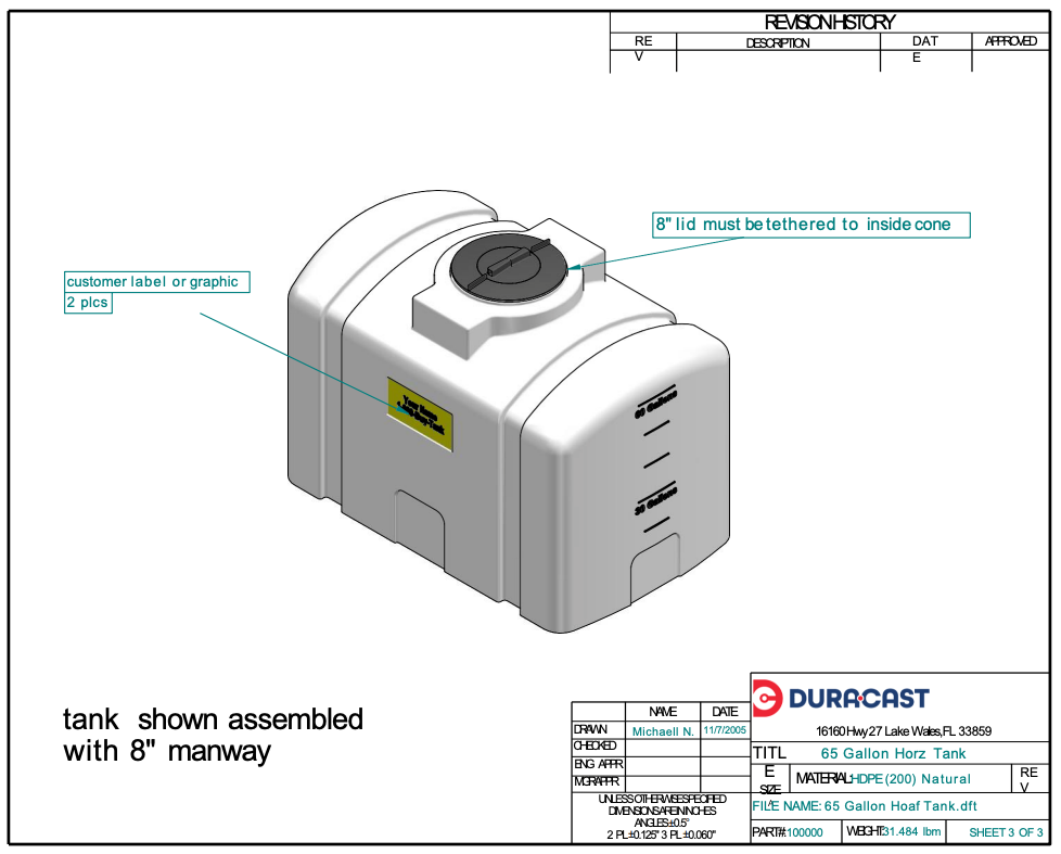 65 Gallon Dura-Cast Plastic Horizontal Loaf Tank (MPN:920065-1.2)