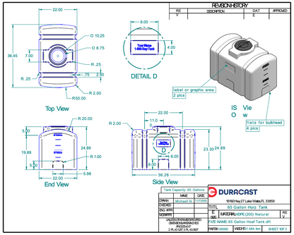 65 Gallon Dura-Cast Plastic Horizontal Loaf Tank (MPN:920065-1.2)