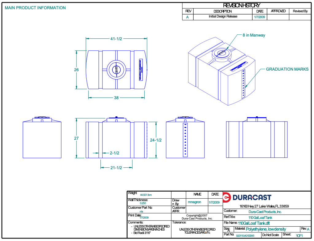 100 Gallon Dura-Cast Plastic Horizontal Loaf Tank (MPN:920100-1.2)