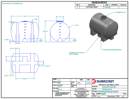 125 Gallon Dura-Cast Plastic Horizontal Leg Tank (MPN:920126-1.5)