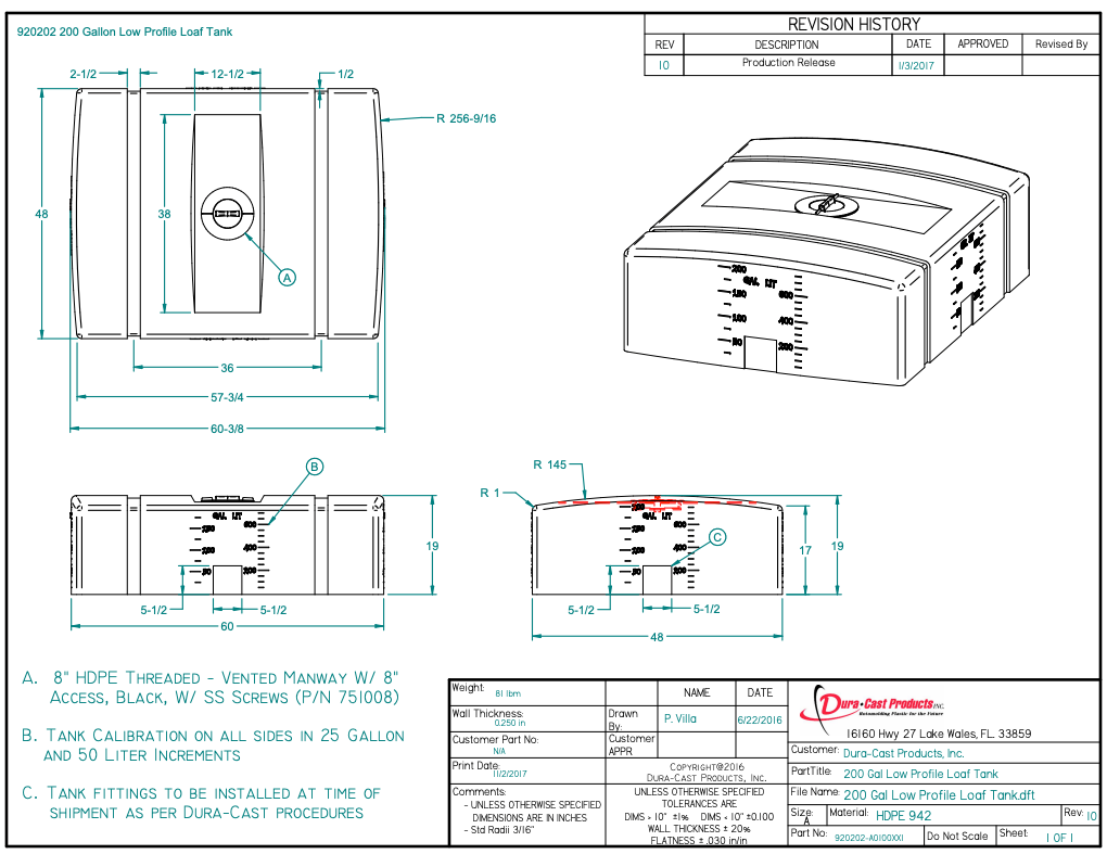 200 Gallon Dura-Cast Plastic Horizontal Loaf Tank (MPN: 920202-1.2)