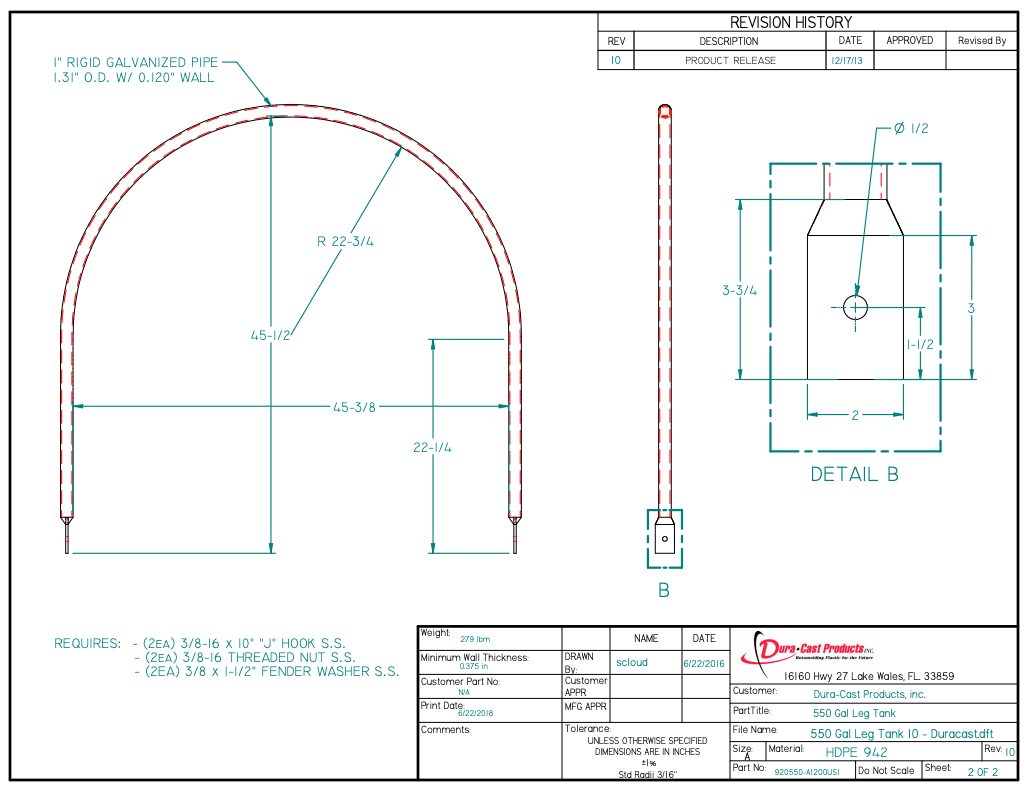 550 Gallon Dura-Cast Plastic Horizontal Leg Tank W/Sump  (MPN:920550-1.5)