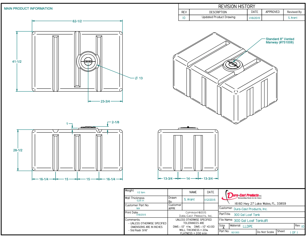 300 Gallon Dura-Cast Plastic Horizontal Loaf Tank (MPN: 921300-1.2)