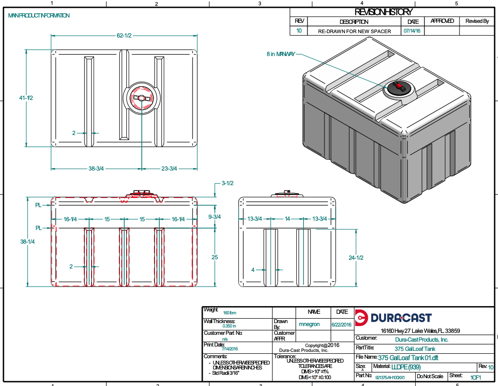 375 Gallon Dura-Cast Plastic Horizontal Loaf Tank (MPN:921375-1.5)