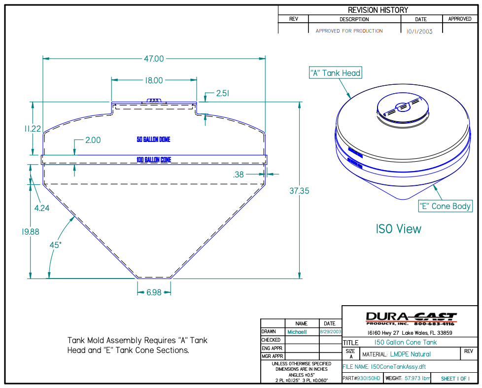 150 Gallon Dura-Cast Cone Bottom Storage Tank w/ 45° Cone Angle (MPN: 930150-1.9)