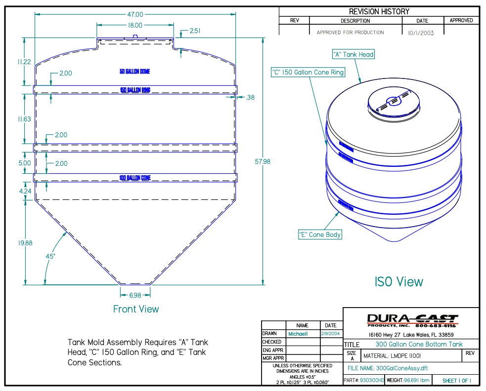 300 Gallon Dura-Cast Cone Bottom Storage Tank w/ 45° Cone Angle (930300-1.9)