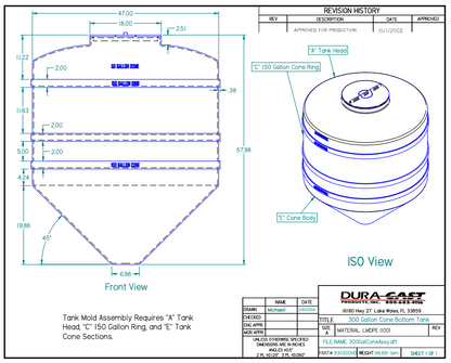 300 Gallon Dura-Cast Cone Bottom Storage Tank w/ 45° Cone Angle (930300-1.9)