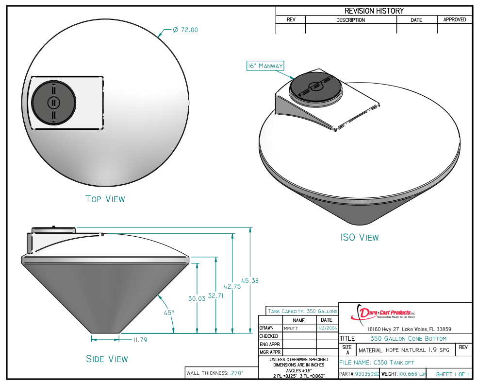 350 Gallon Dura-Cast Cone Bottom Storage Tank w/ 45° Cone Angle (MPN: 930350-1.9)