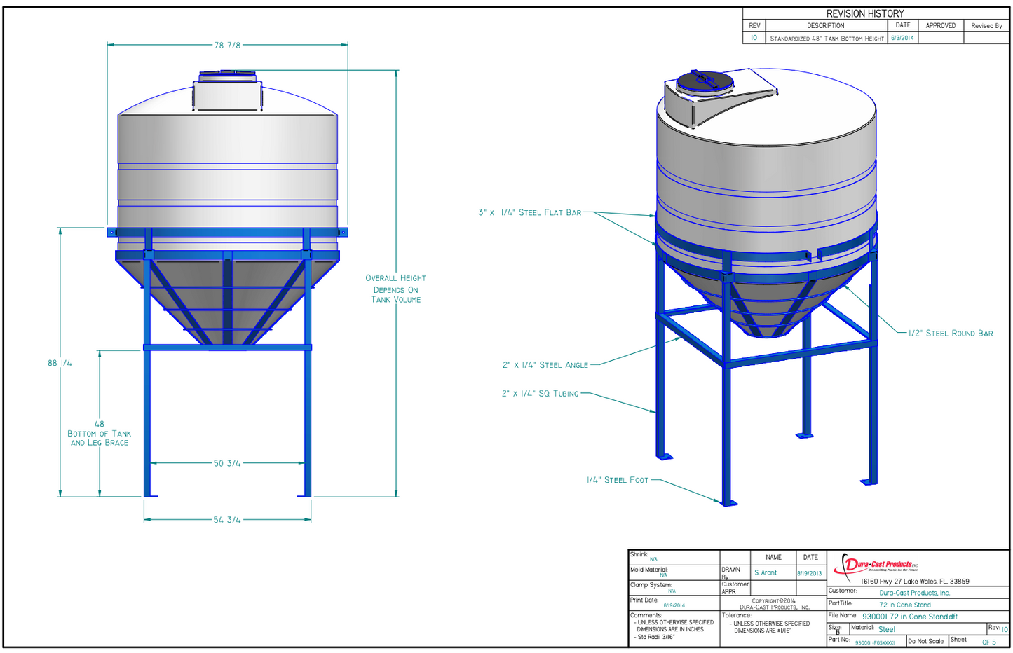 350 Gallon Dura-Cast Cone Bottom Storage Tank w/ 45° Cone Angle (MPN: 930350-1.9)