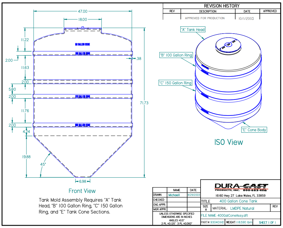 400 Gallon Dura-Cast Cone Bottom Storage Tank w/ 45° Cone Angle (MPN: 930401-1.5)