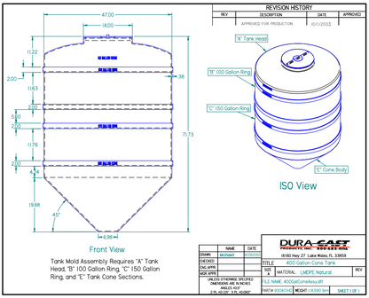 400 Gallon Dura-Cast Cone Bottom Storage Tank w/ 45° Cone Angle (MPN: 930401-1.5)