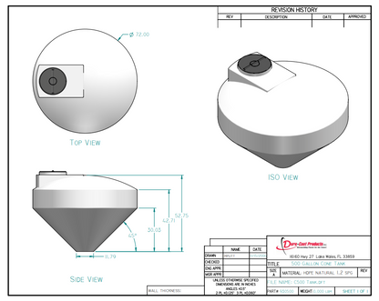 500 Gallon Dura-Cast Cone Bottom Storage Tank w/ 45° Cone Angle (MPN:930500-1.5)