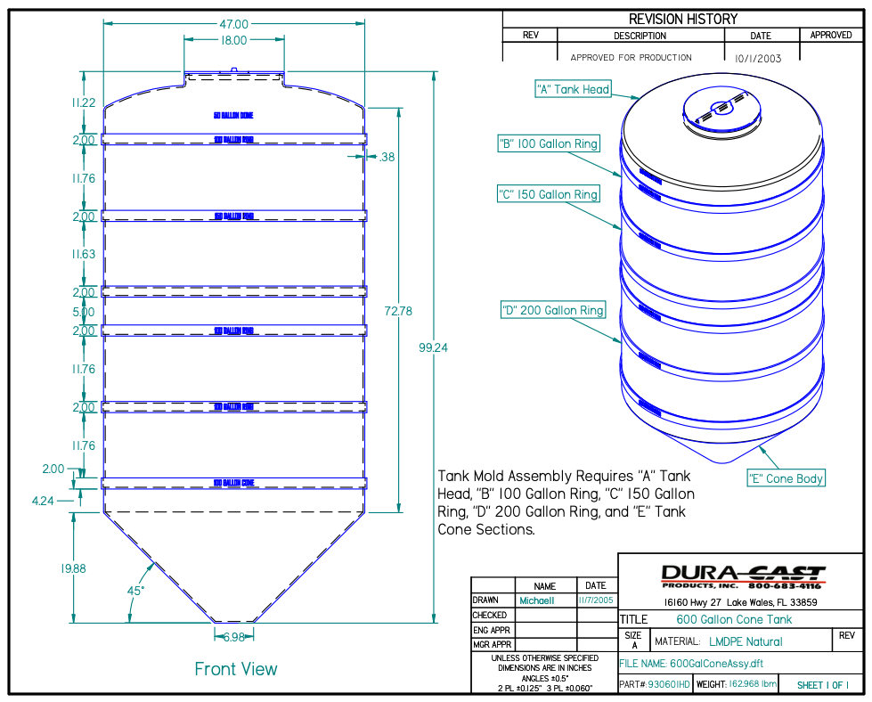 600 Gallon Dura-Cast Cone Bottom Storage Tank w/ 45° Cone Angle (MPN: 930601-1.5)