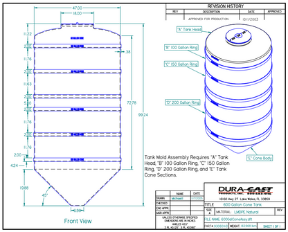 600 Gallon Dura-Cast Cone Bottom Storage Tank w/ 45° Cone Angle (MPN: 930601-1.5)