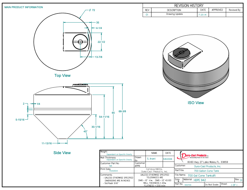 700 Gallon Dura-Cast Cone Bottom Storage Tank w/ 45° Cone Angle (MPN: 930700-1.9)