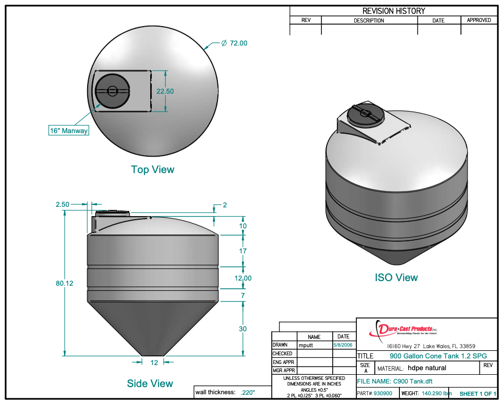 900 Gallon Dura-Cast Cone Bottom Storage Tank w/ 45° Cone Angle (MPN: 930900-1.9)