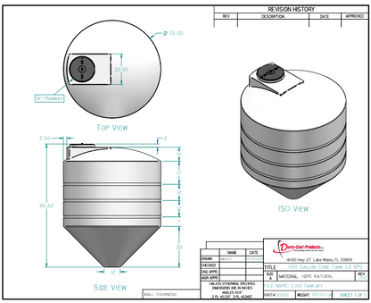 1100 Gallon Dura-Cast Cone Bottom Storage Tank w/ 45° Cone Angle (MPN: 931100-1.5)