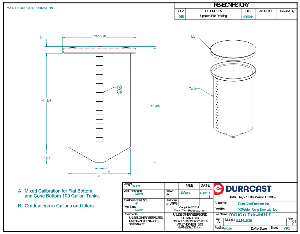 100 Gallon Dura-Cast Cone Bottom Storage Tank w/ 45° Cone Angle (MPN:970100-1.9)