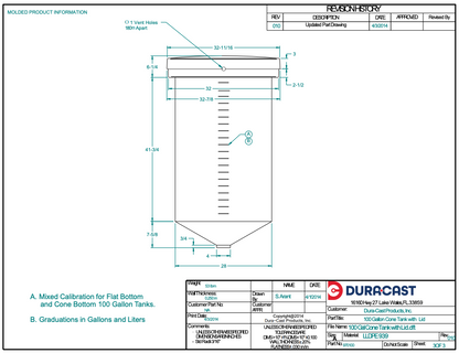 100 Gallon Dura-Cast Cone Bottom Storage Tank w/ 45° Cone Angle (MPN:970100-1.9)